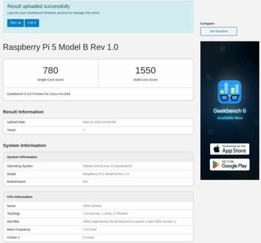 Geekbench6データ Raspberry Pi 5 Model B Rev 1.0